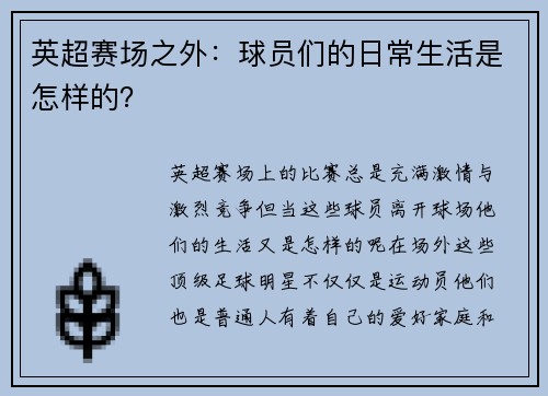 英超赛场之外：球员们的日常生活是怎样的？